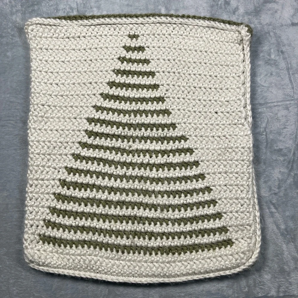 Handmade Crochet Pillow Cover Home Cream Green Christmas Tree Heavy 21x19